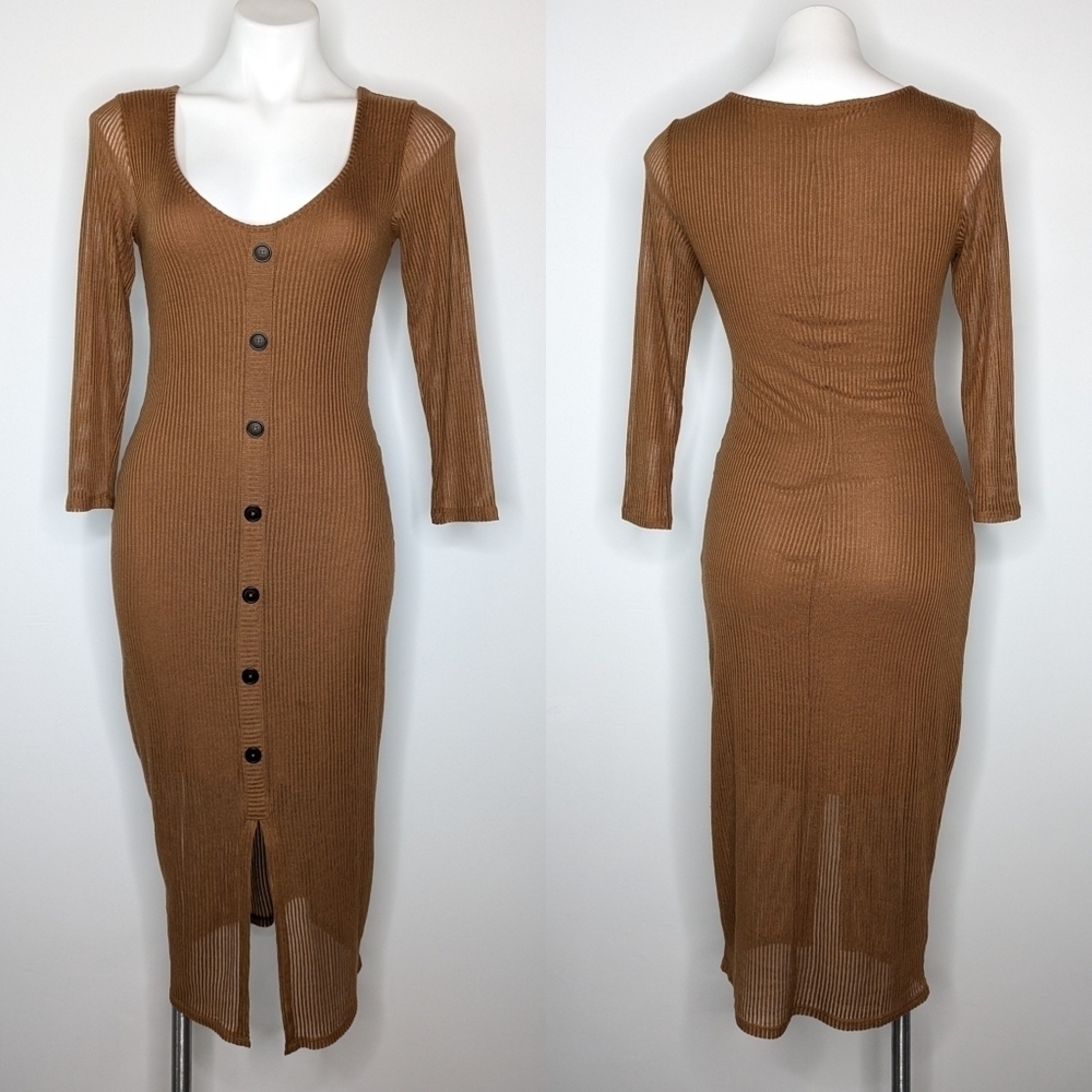 Express camel brown lightweight ribbed button down 3/4 sleeve dress S